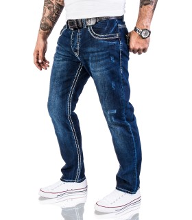 Herren Straight Cut Jeans HOSE Dunkblau dicke Nähte Clubwear 