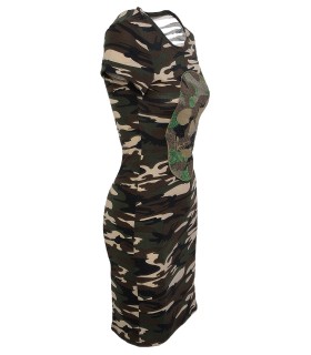 Damen Midikleid Sommer Kleid Camouflage Sommerkleid Figurbetont  