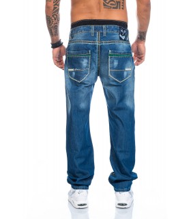 SHIKOBA Herren Jeans Hose Denim Destroyed Look Vintage Blau Straight Cut SH-5004