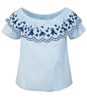 Designer Damen Bluse Top Tunika Blumenstickerei Carmen-Ausschnitt Shirt 
